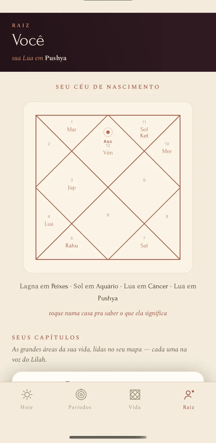 a tela Raiz do app Lilah Raj
